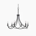 Ottuso black chandelier with six candle-style lights and curved brass arms, front view on white background