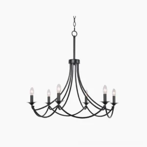 Ottuso black chandelier with six candle-style lights and curved brass arms, front view on white background