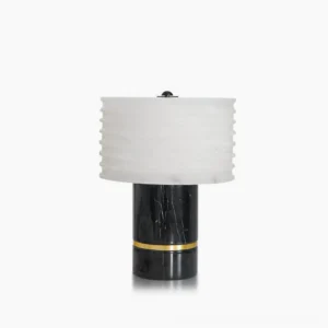 Outela modern table lamp with black marble base and corrugated alabaster shade, front studio view