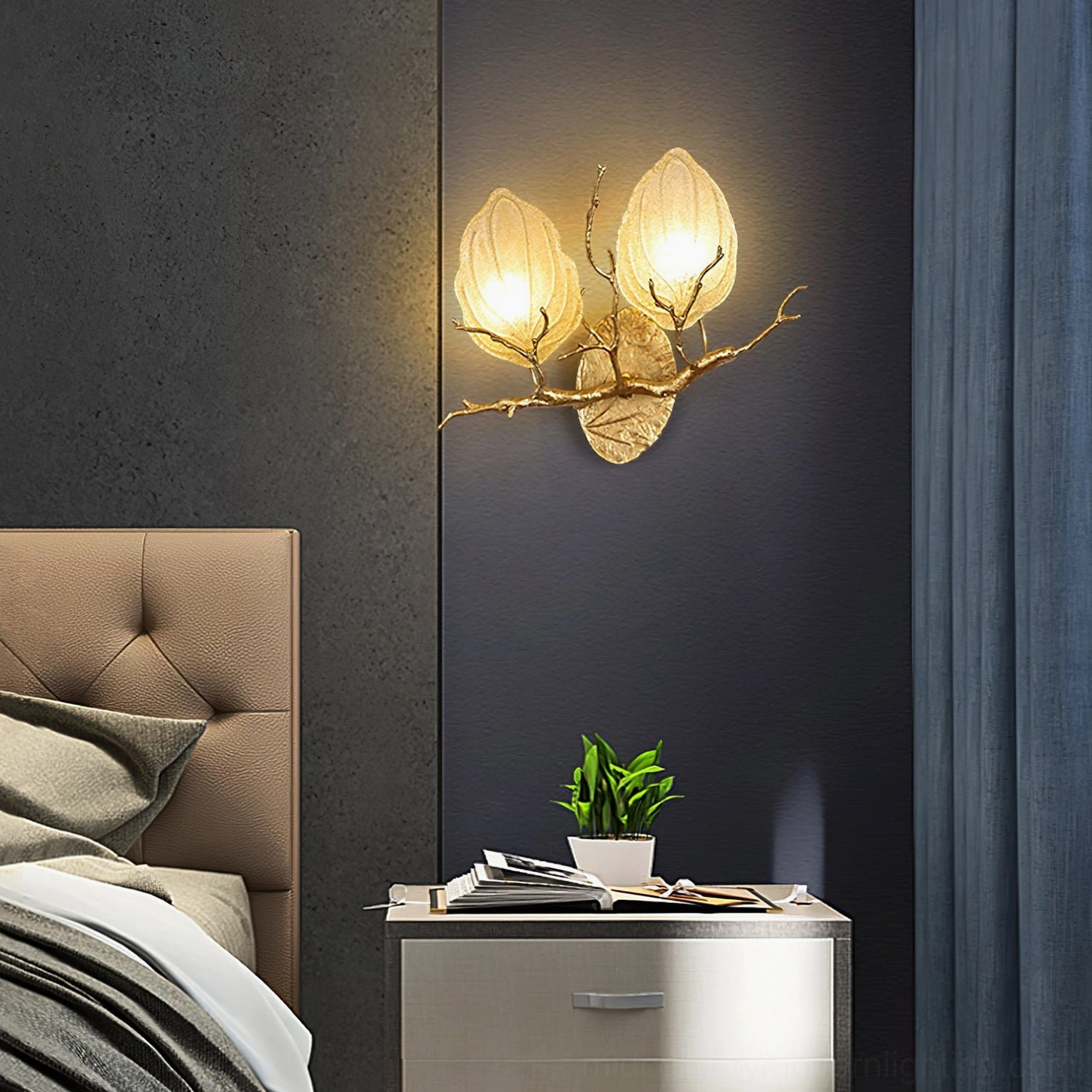 Organic wall sconce illuminating modern bedroom nightstand, contemporary lighting design
