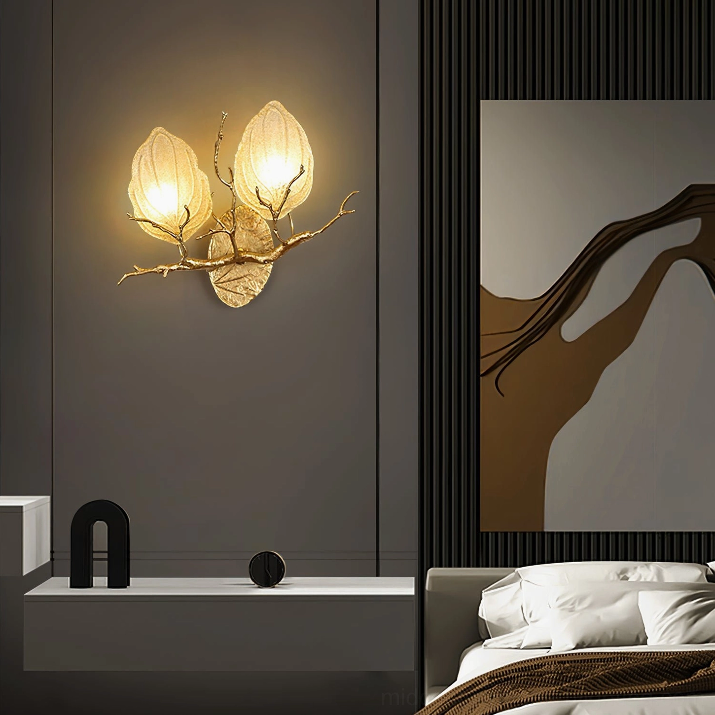 Outono Ficus wall lamp in contemporary bedroom beside console table, soft golden glow