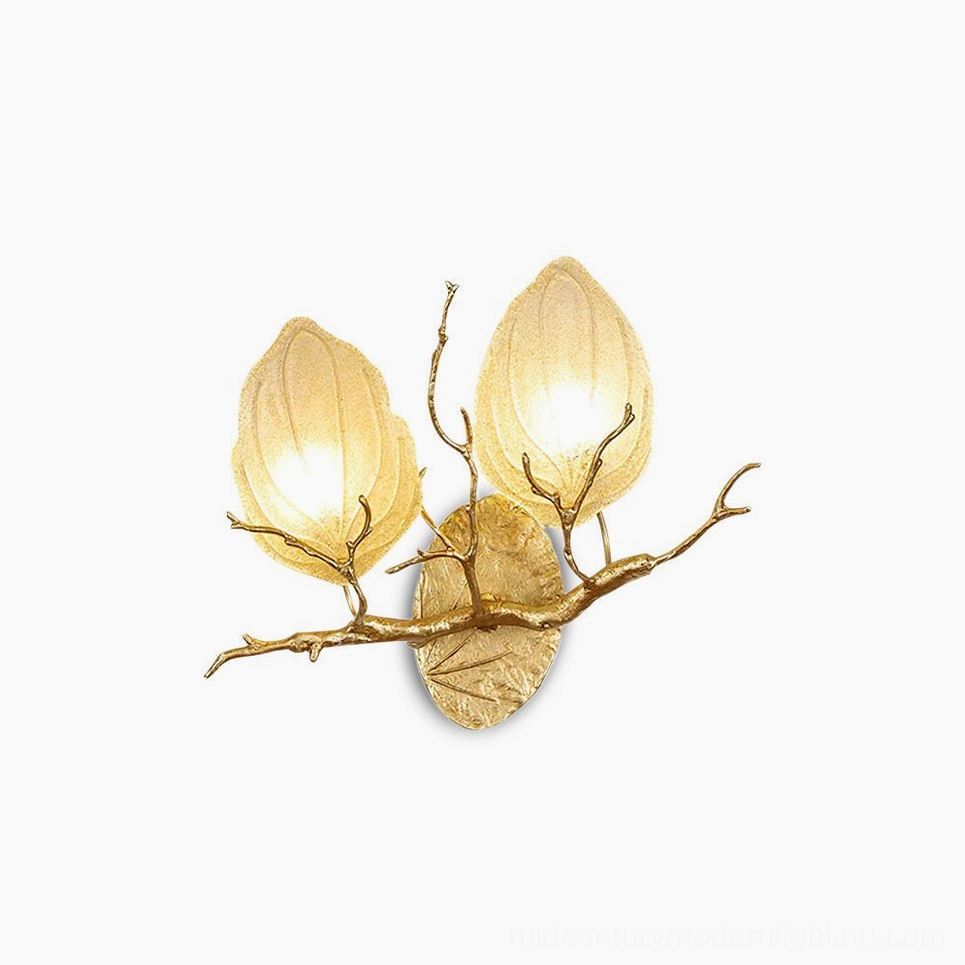 Outono Ficus wall lamp with dual frosted glass leaves and brass branches, frontal studio view