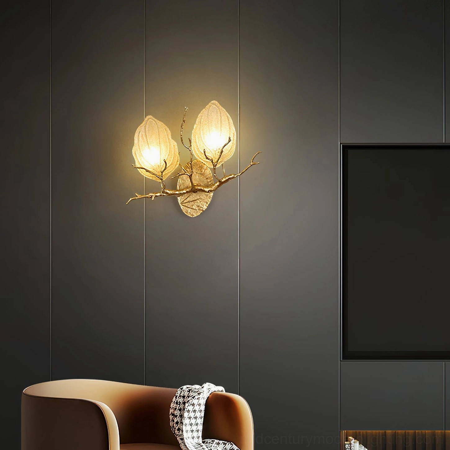Outono Ficus wall lamp full product shot with LED illumination showing glass diffusion