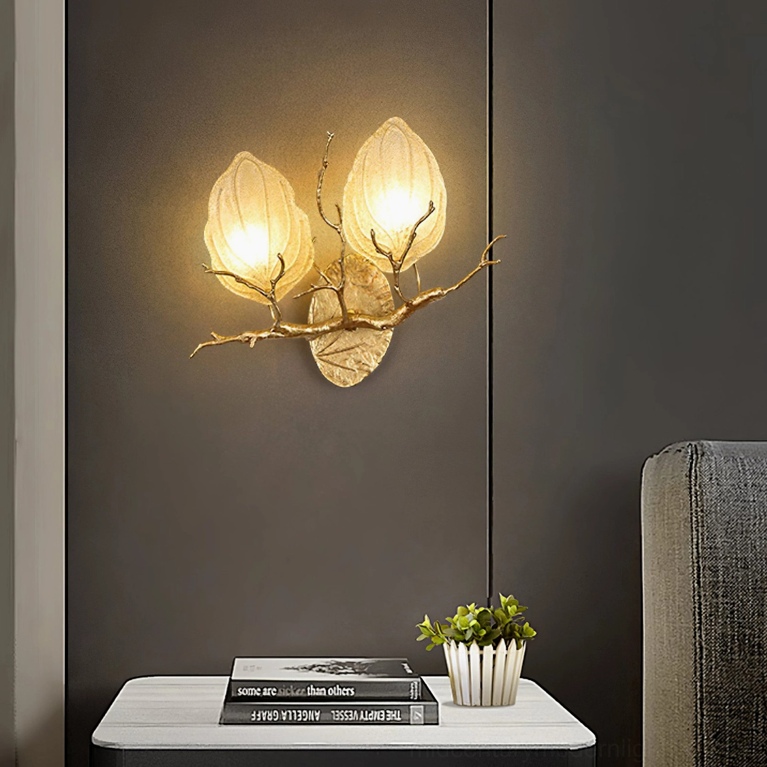 Outono Ficus organic wall sconce in neutral interior setting with minimalist decor