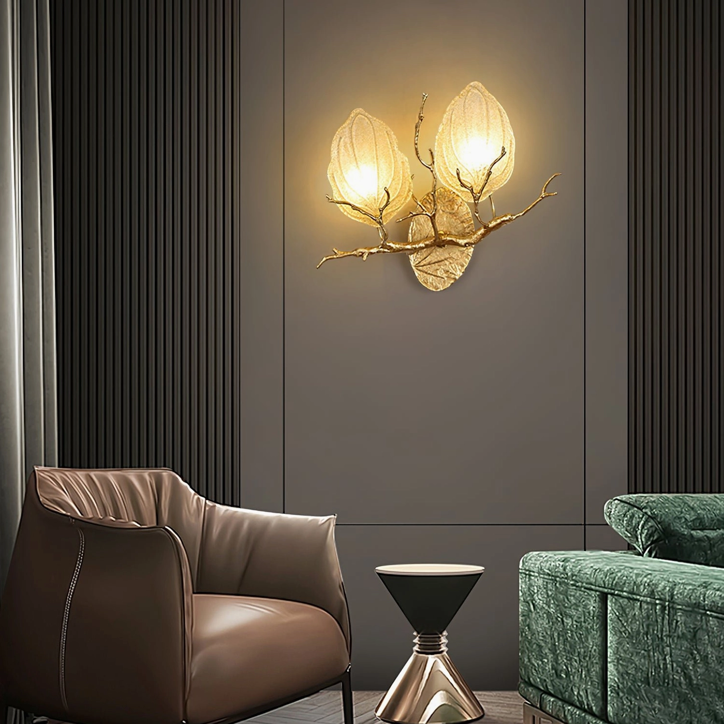 Organic glass leaf wall lamp in modern living space with minimalist furniture styling