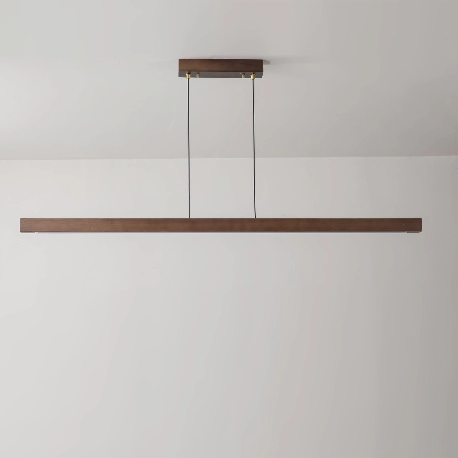 Linear wooden LED chandelier overhead perspective showing elongated rectangular form and uniform light distribution