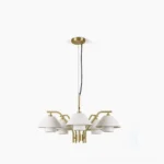 Oxford dual pendant brass chandelier with quilted bone china shades, front studio view