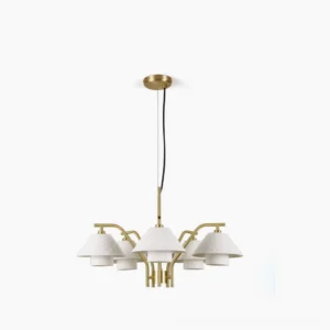 Oxford dual pendant brass chandelier with quilted bone china shades, front studio view