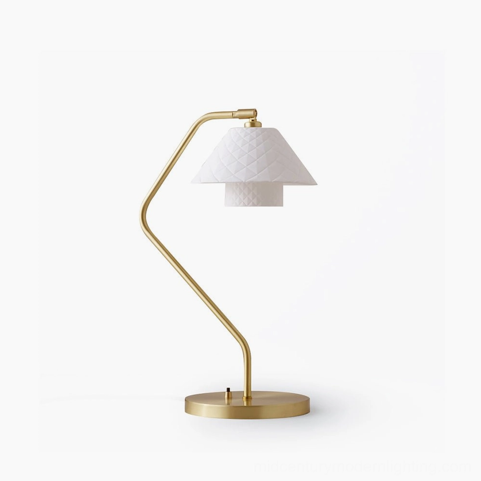 Oxford dual-shade table lamp with quilted bone china shades and polished satin brass stem, studio view