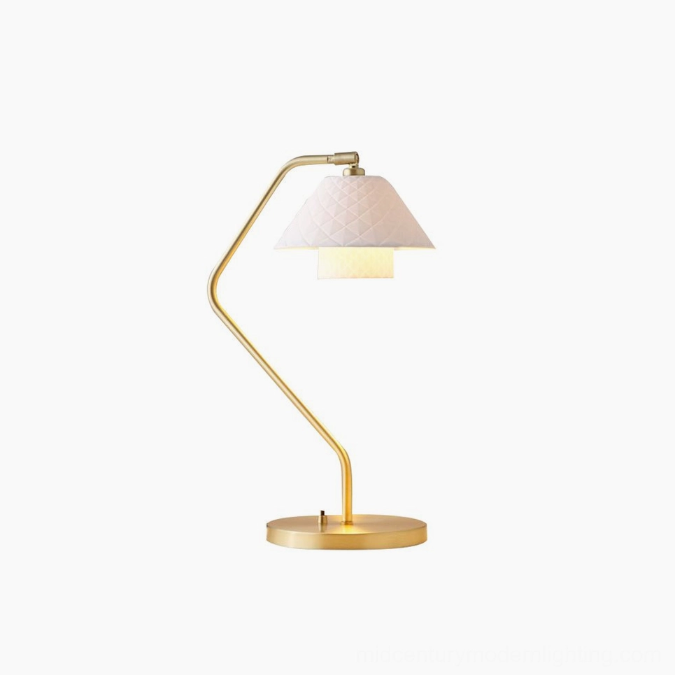 Oxford table lamp complete view showing dual quilted ceramic shades and sculptural satin brass frame