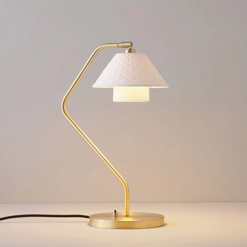 Oxford double table lamp illuminated, showcasing warm glow through textured bone china shades with curved brass frame