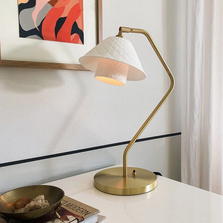 Oxford brass table lamp with twin bone china quilted shades, elegant minimalist lighting fixture