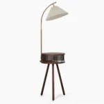 Ozawa mid-century floor lamp with walnut wood frame and pleated off-white fabric shade, front view