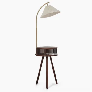 Ozawa mid-century floor lamp with walnut wood frame and pleated off-white fabric shade, front view