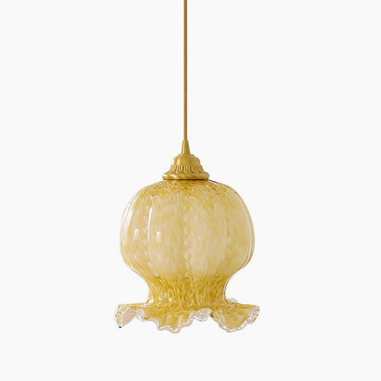 Ozera pomegranate-inspired glass pendant light full frontal view with mottled yellow amber glass and brass suspension rod