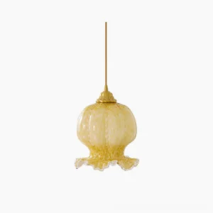 Ozera amber glass pendant light with ruffled scalloped edges and brass fixture, frontal view on white background