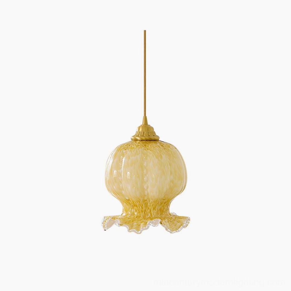 Ozera amber glass pendant light with ruffled scalloped edges and brass fixture, frontal view on white background