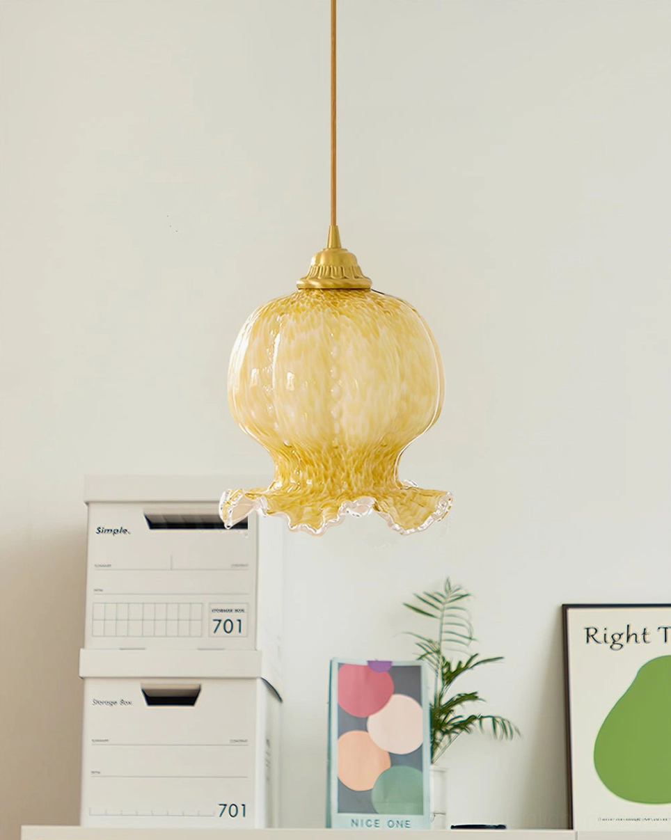 Ozera pendant light displayed in minimalist home interior with storage solutions and wall art