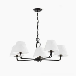 Ozias minimalist 5-head black metal chandelier with white fabric shades on white background, front view
