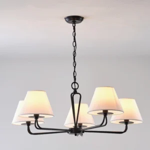 Ozias 5-arm black chandelier with warm beige linen fabric lamp shades, product showcase
