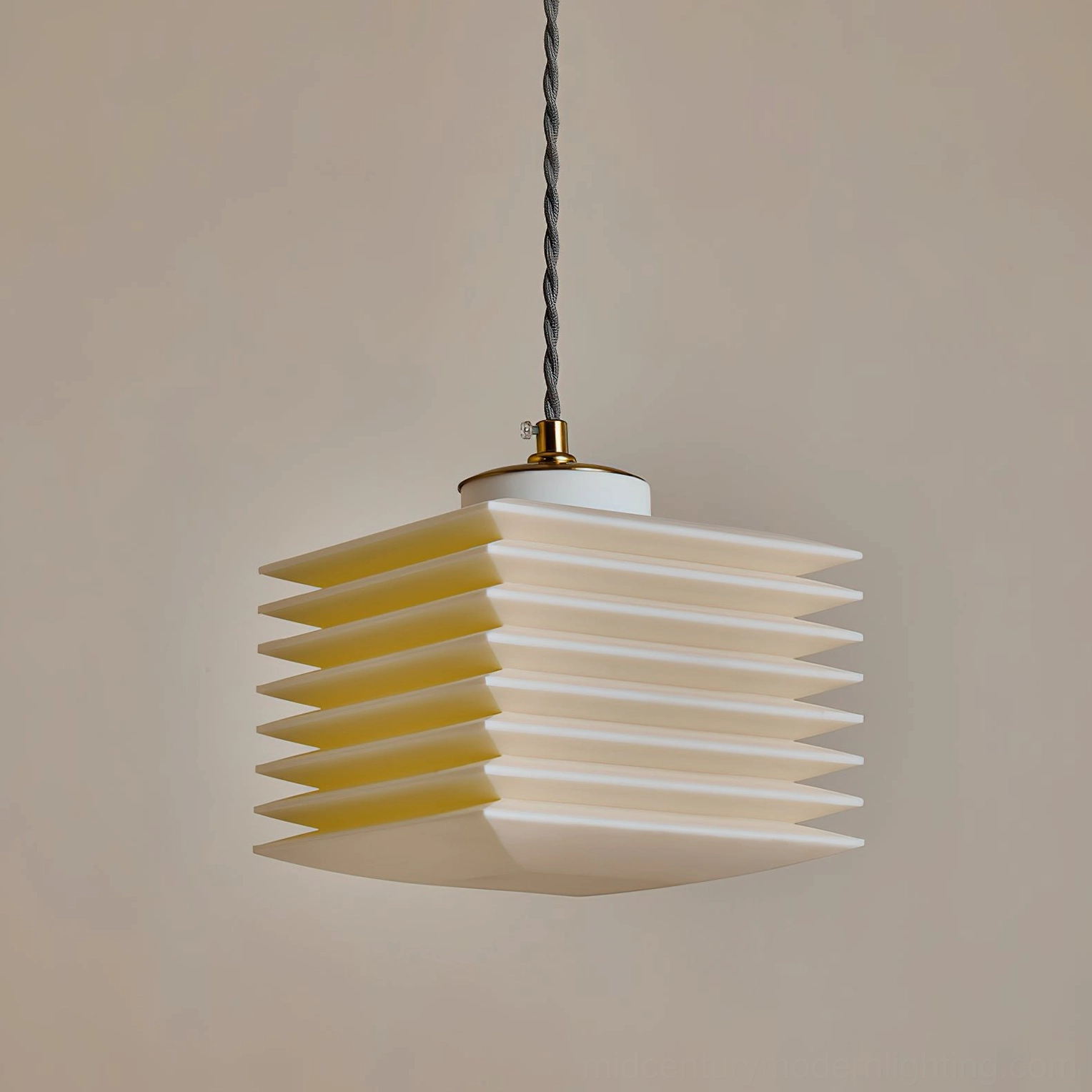 Close-up detail of pagoda pendant lamp showing warm light between layered panels and brass fixture