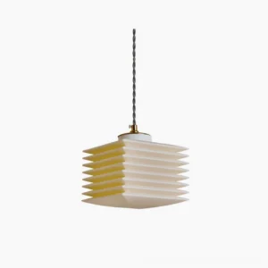 Pagoda layered pendant lamp with matte white ribbed shade and brass gold fixture, frontal view against white background