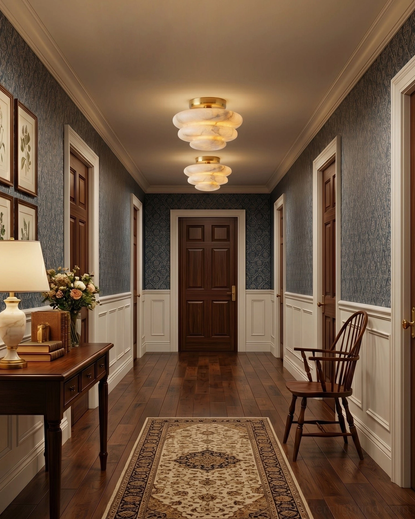 Paired alabaster tiered ceiling mounts in formal hallway - dark blue wall panels - symmetrical luxury entryway