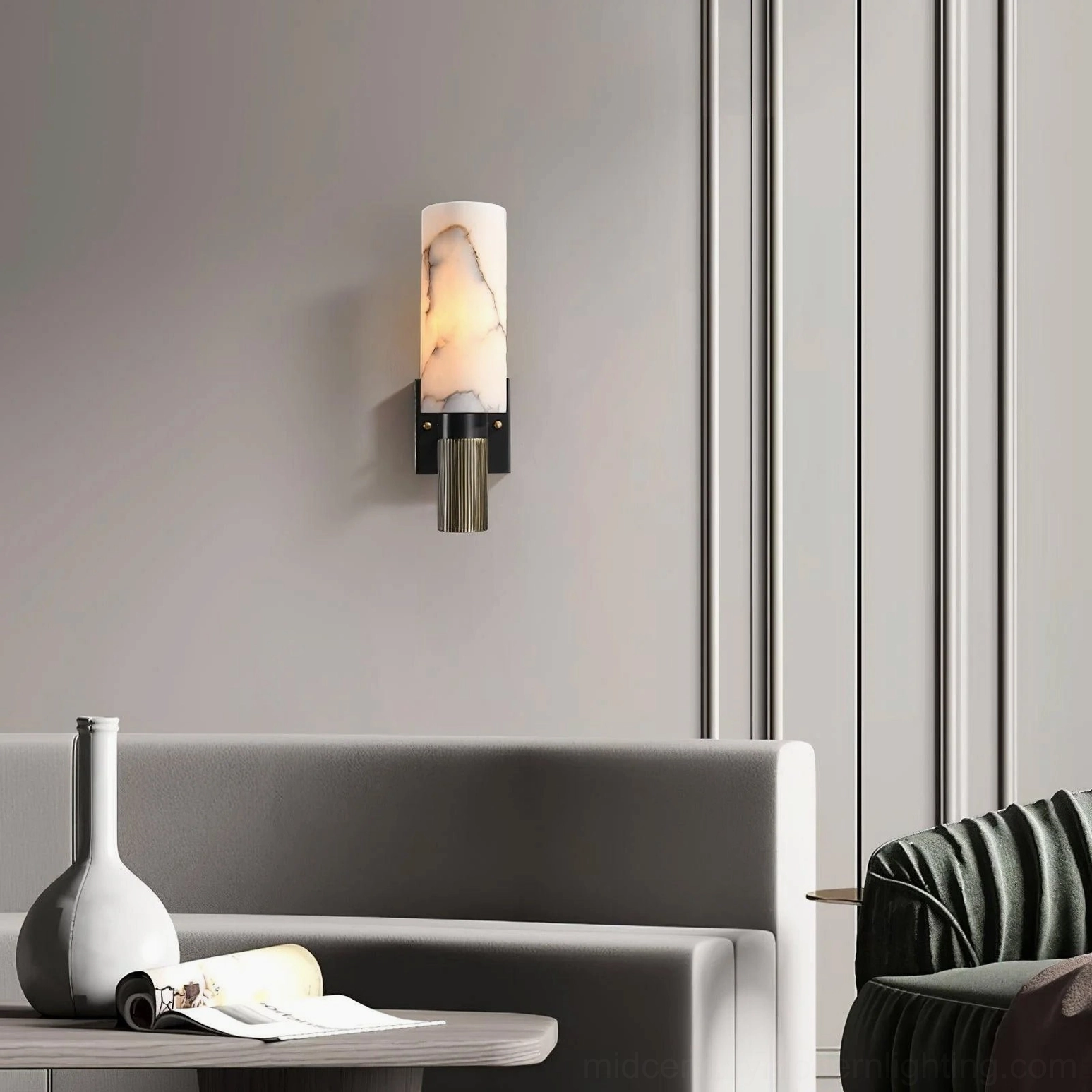 Pair of identical alabaster marble wall lamps creating symmetrical gallery lighting in modern bedroom or hallway