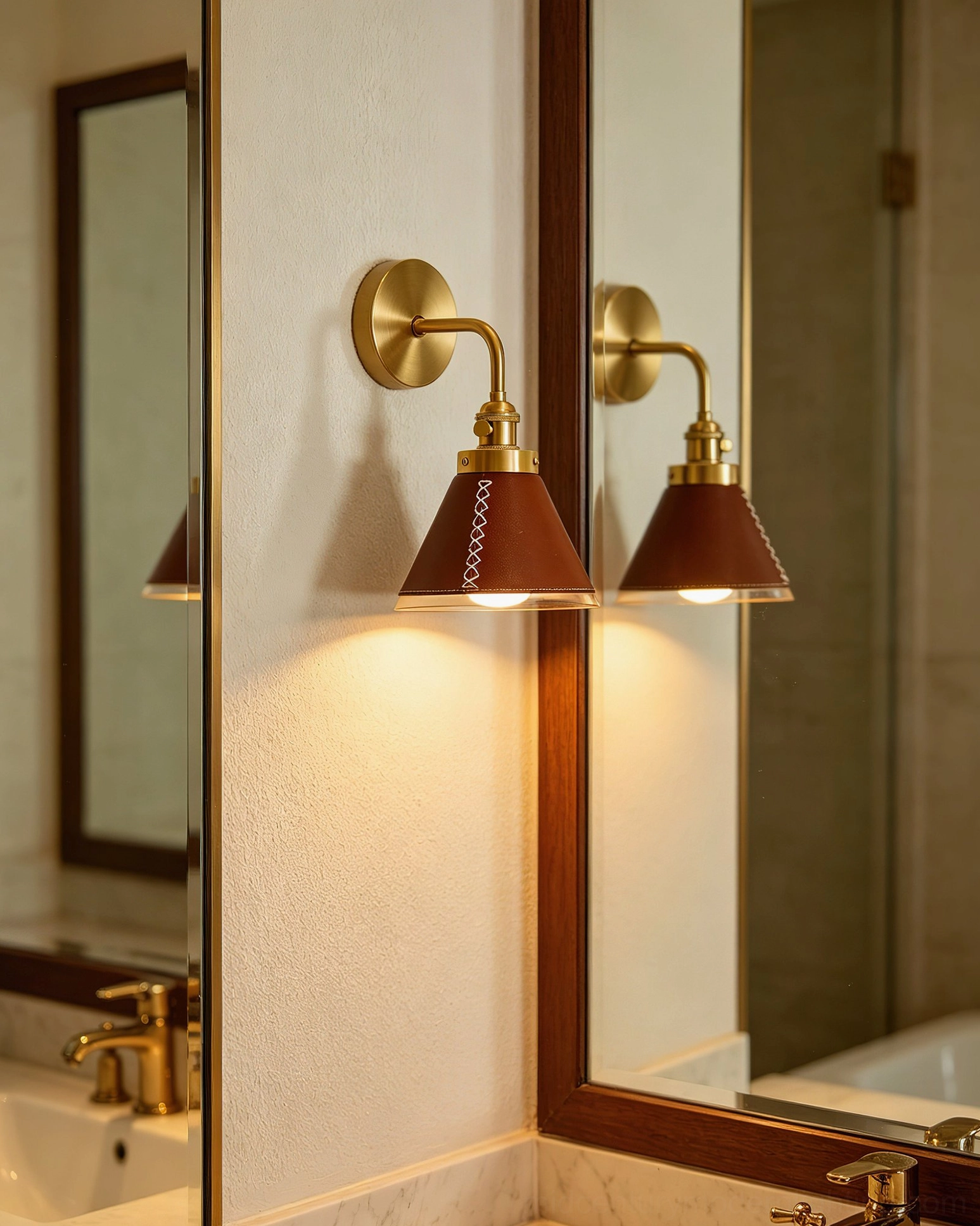 Pair of Cordoba wall sconces flanking bathroom mirror with reflected warm accent lighting for grooming