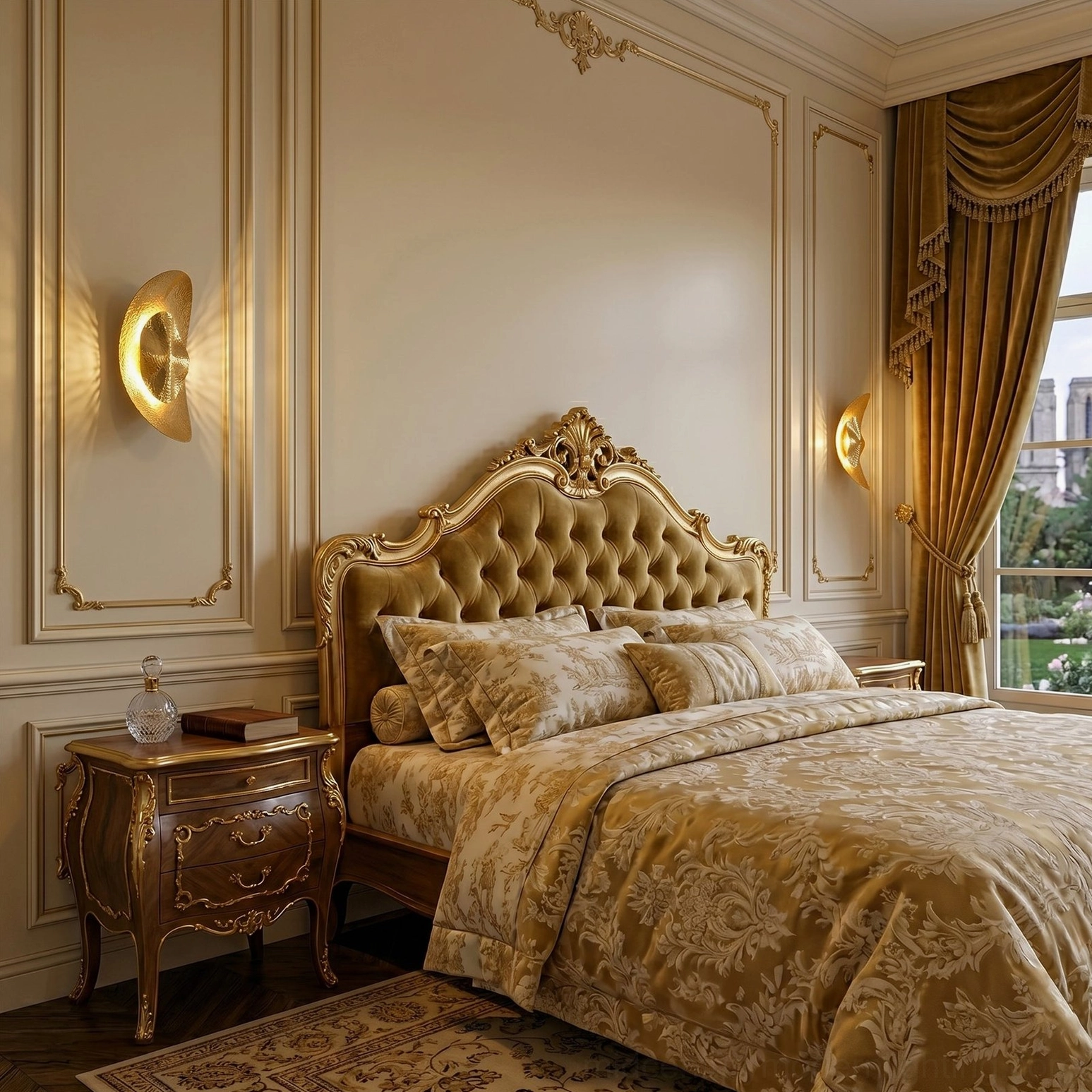 Pair of Helios hammered brass sconces flanking tufted headboard in classic luxury bedroom with warm lighting accent