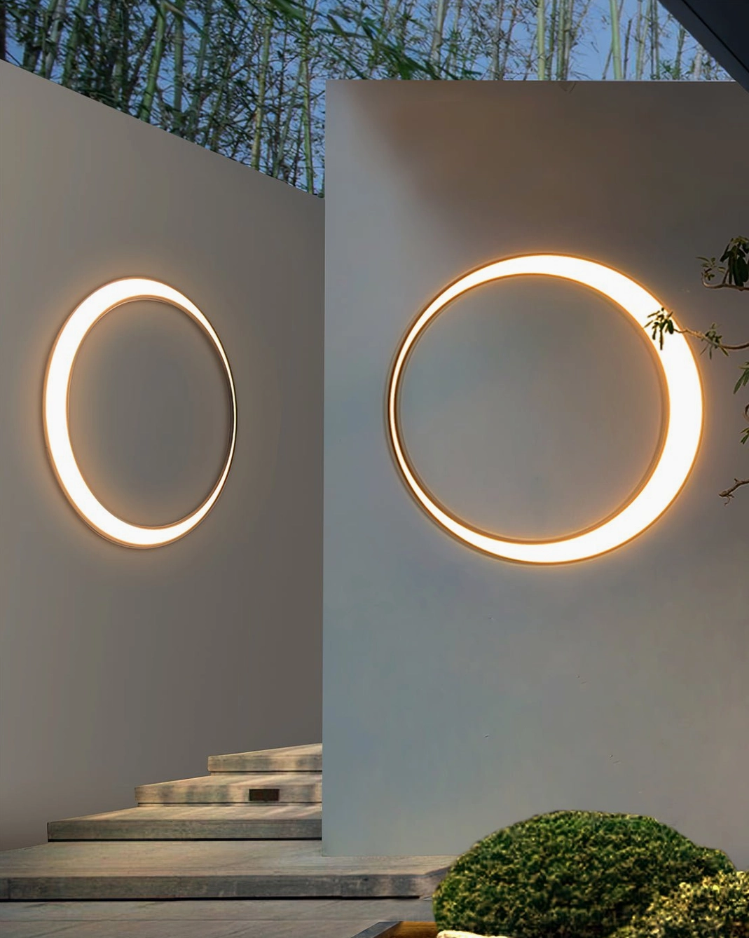 Dual moon ring outdoor lamps garden stairway minimalist modern aesthetic