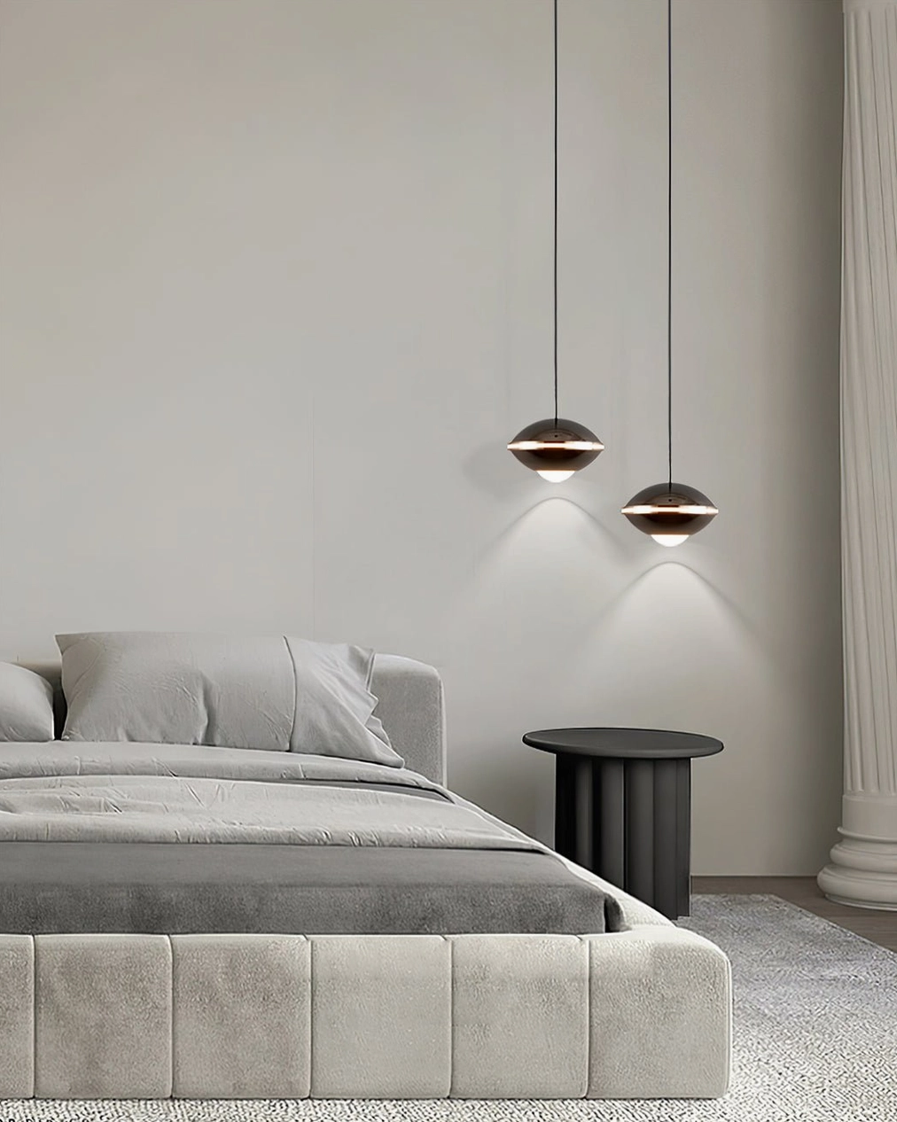 Dual matching modern pendant lamps in master bedroom, dark metallic finish contemporary lighting