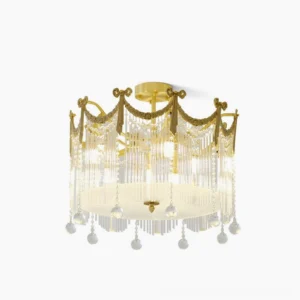 Palace crystal water drop ceiling lamp with brass frame and cascading crystal elements in studio lighting