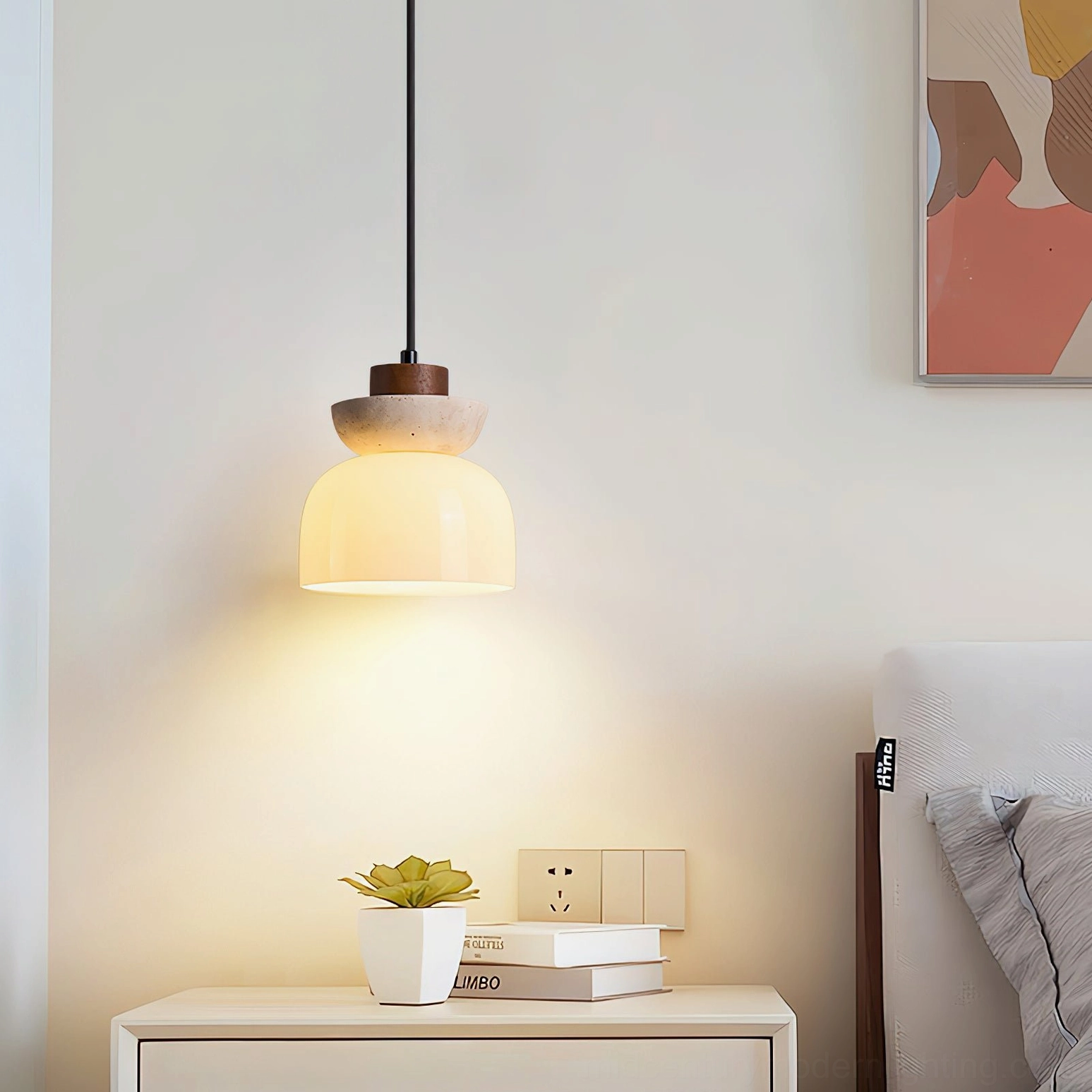 Single Palak pendant light installed in modern bedroom bedside creating warm ambient nordic wabi-sabi lighting