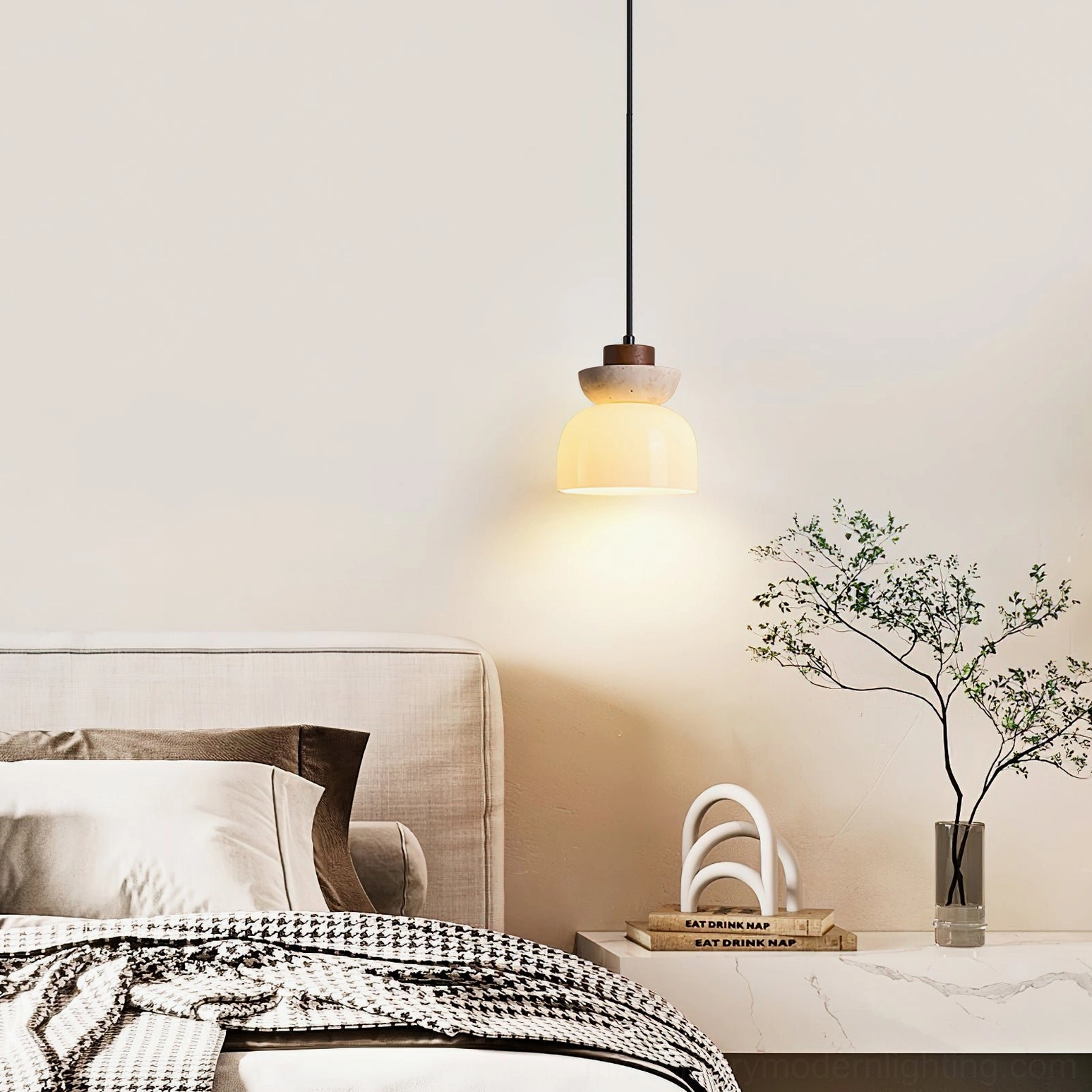 Palak pendant light in master bedroom with vanity minimalist interior design warm accent lighting