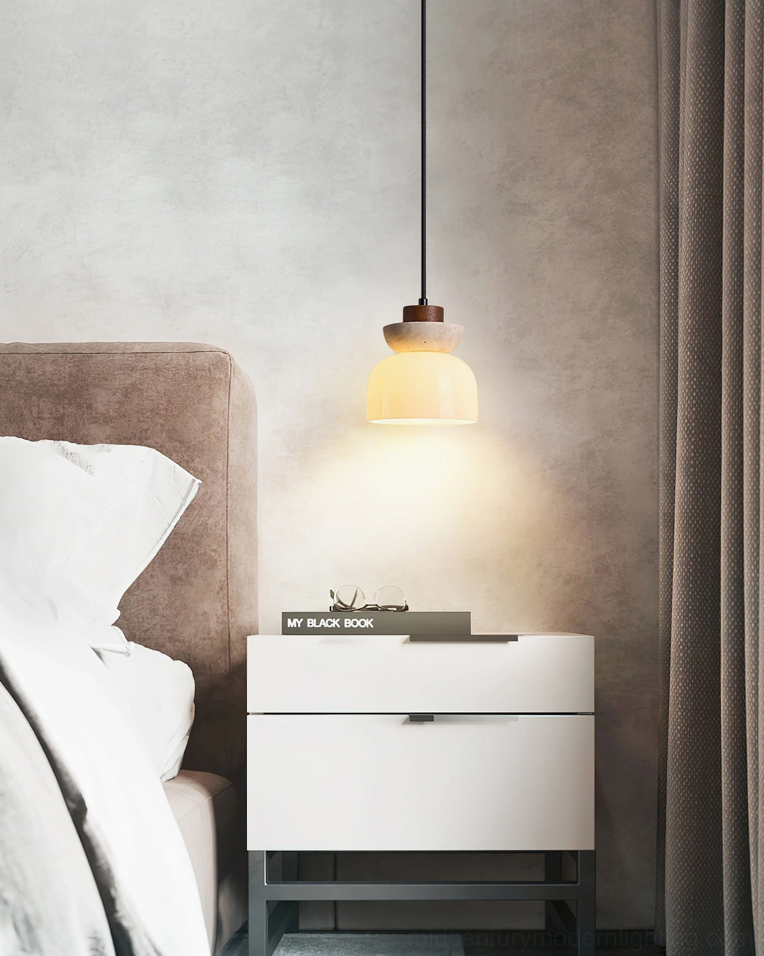 Single Palak pendant light in cozy master bedroom corner muted neutral tone warm bedside accent illumination