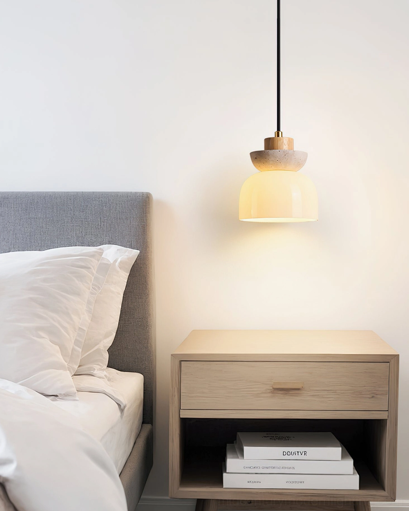 Palak pendant light modern minimalist fixture travertine glass wood materials close-up architectural detail