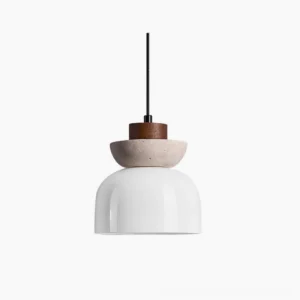 Palak pendant light modern minimalist design with white glass shade travertine stone ring and warm wood accent front view