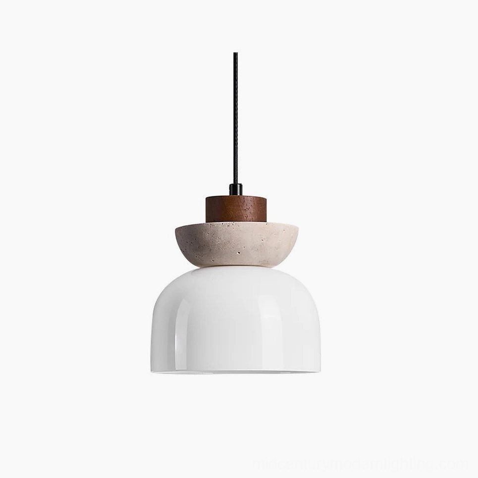 Palak pendant light modern minimalist design with white glass shade travertine stone ring and warm wood accent front view