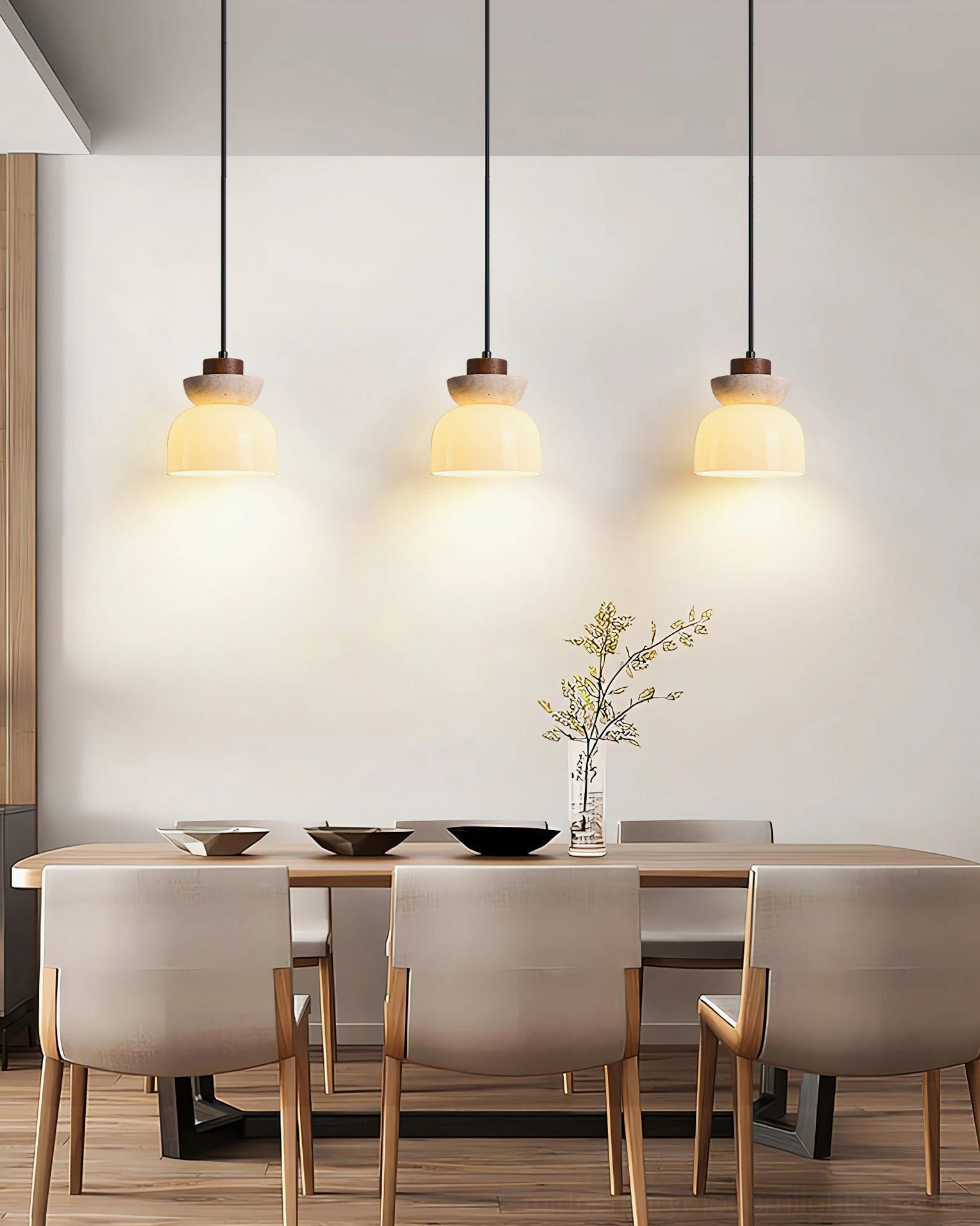 Triple Palak pendant lamps in Nordic style dining room with wooden furniture coordinated warm ambient lighting