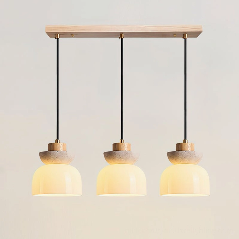 Three Palak pendant lights wood finish beige white expanded dining space modern lighting installation