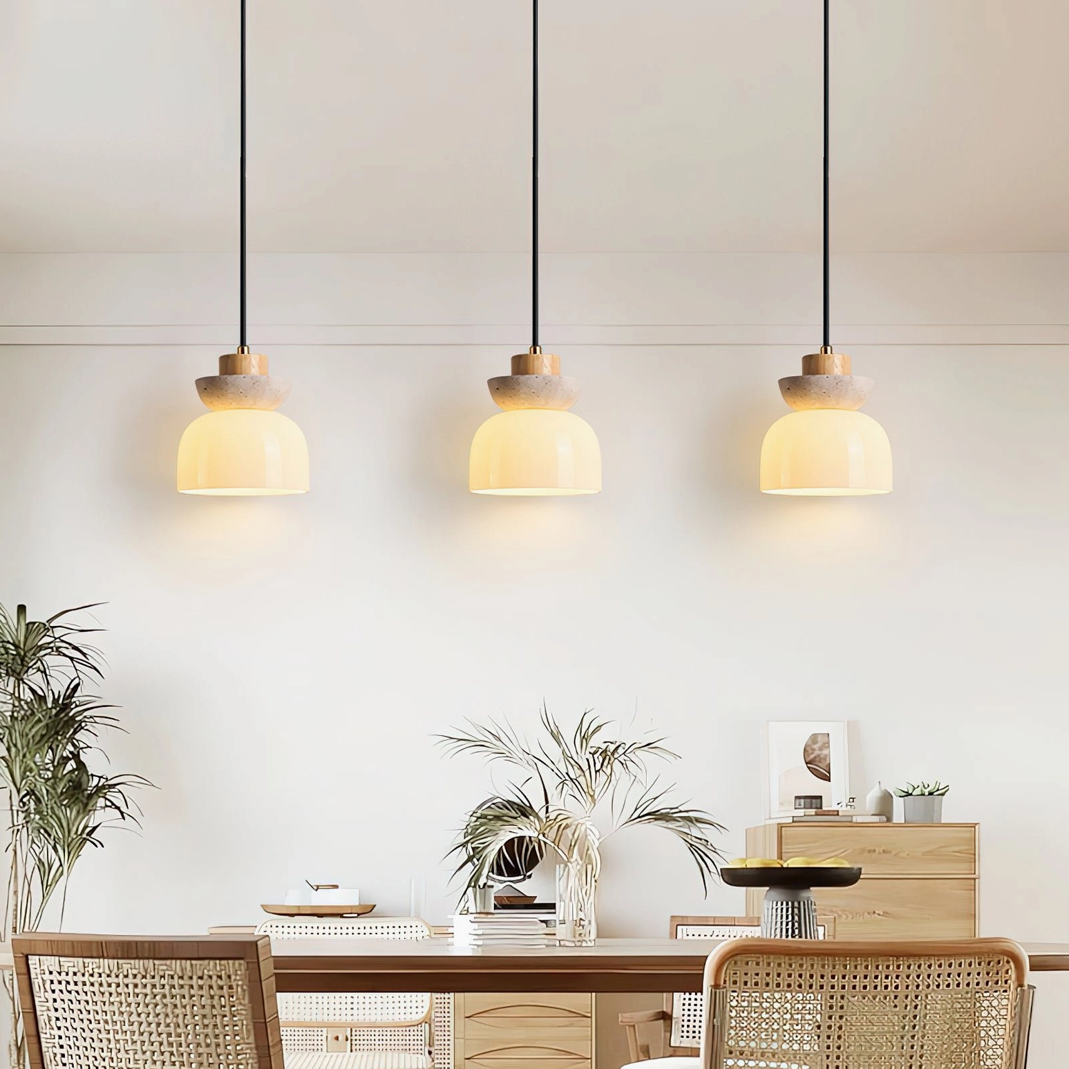 Three Palak pendant lights arranged above modern dining table warm unified illumination contemporary dining room