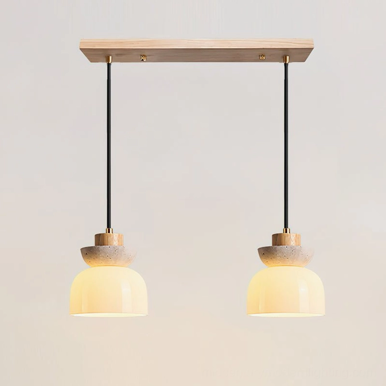 Two Palak pendant lights natural wood finish beige white contemporary dining table minimal design