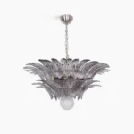 Palazzo Ball Chandelier with smoked glass leaves and silver hardware, overhead studio view showcasing layered glass petal design