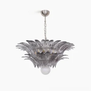 Palazzo Ball Chandelier with smoked glass leaves and silver hardware, overhead studio view showcasing layered glass petal design
