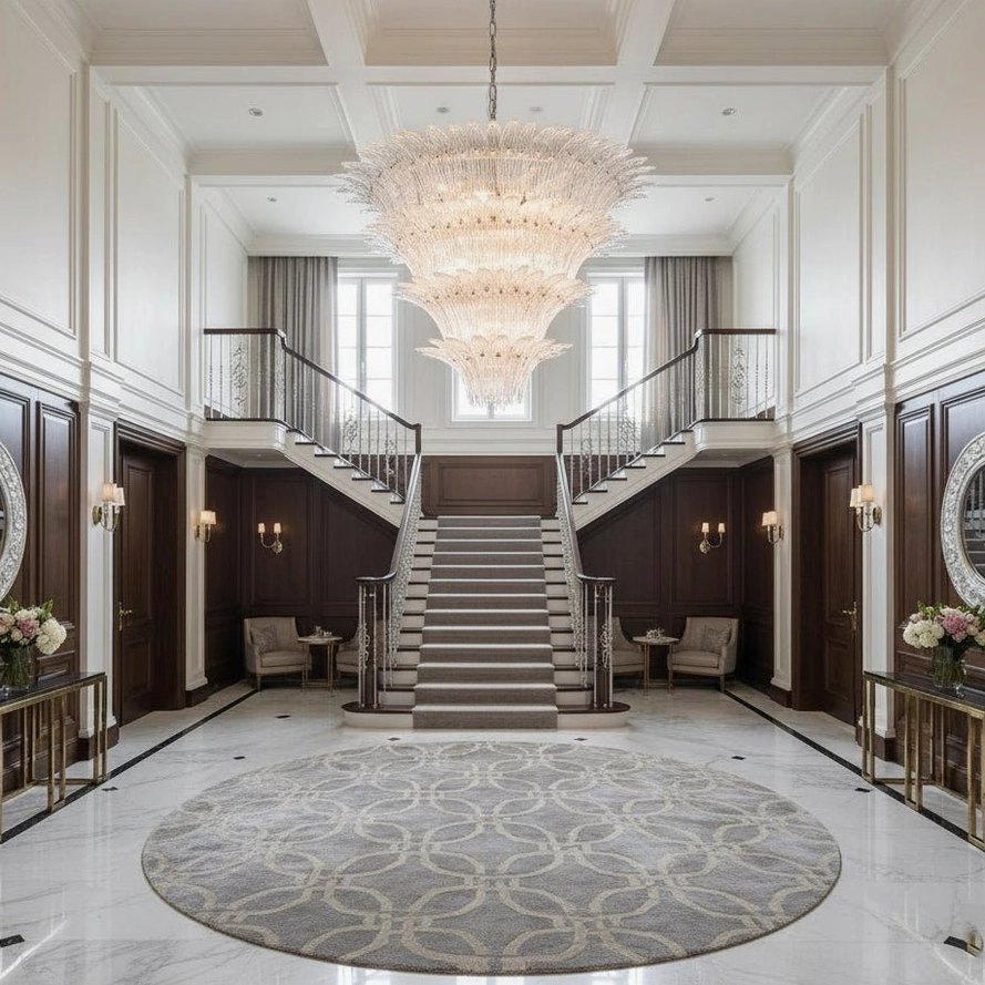 Palazzo tiered chandelier in contemporary dual staircase foyer with dark wood paneling and formal luxury design
