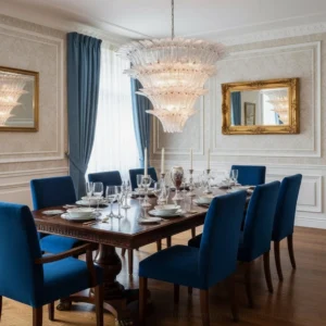 Palazzo tiered crystal chandelier installed in elegant formal dining room with neoclassical decor and warm ambient lighting