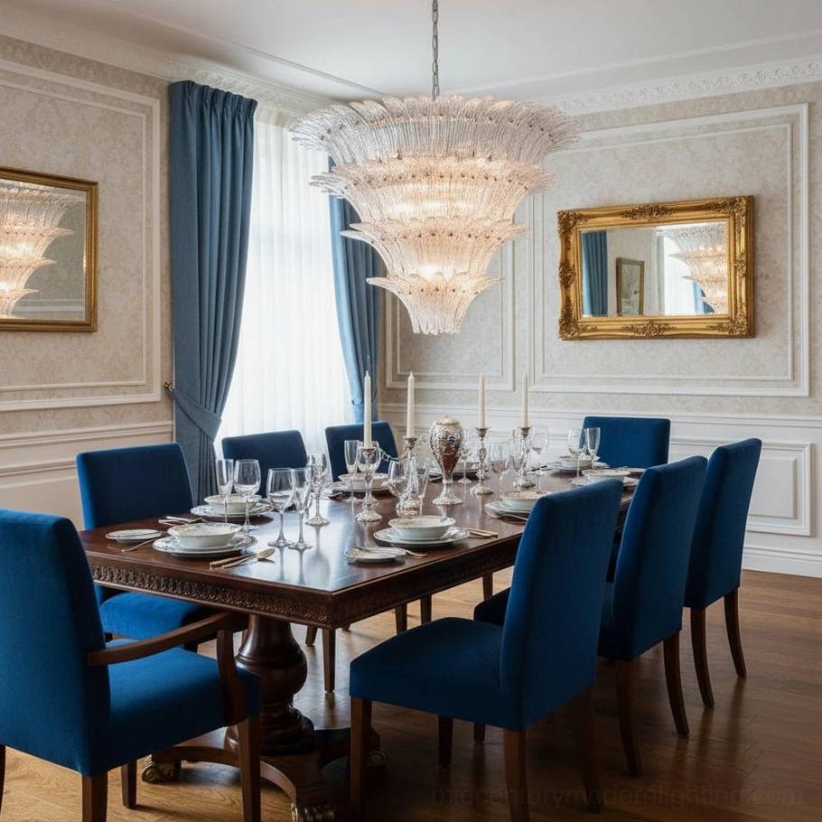 Palazzo tiered crystal chandelier installed in elegant formal dining room with neoclassical decor and warm ambient lighting
