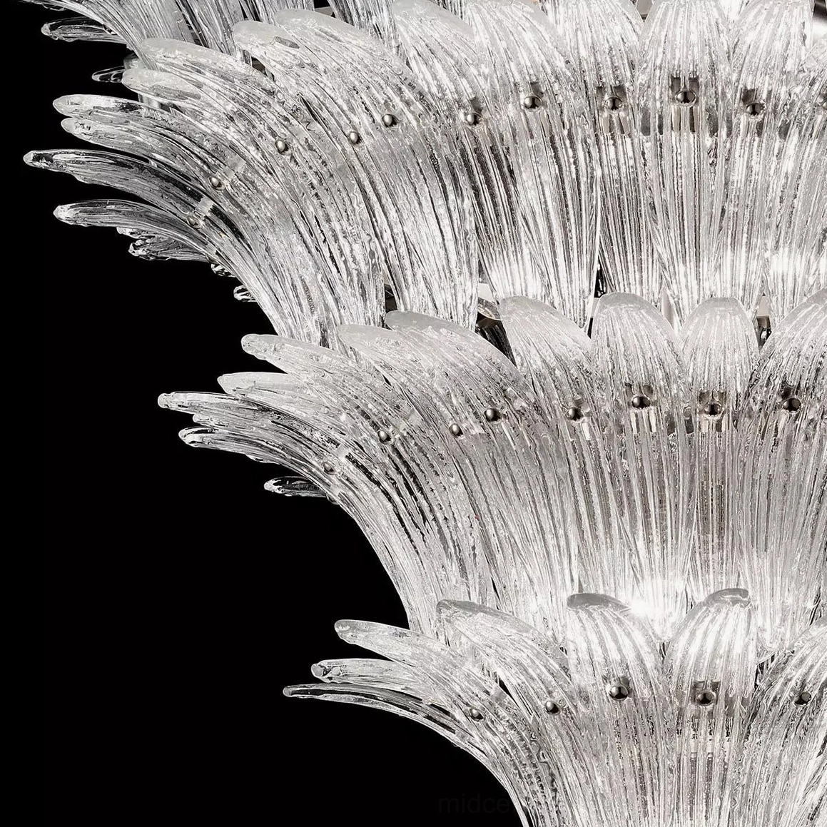 Close-up macro detail of Palazzo chandelier fluted clear glass tier showing precision crystal craftsmanship
