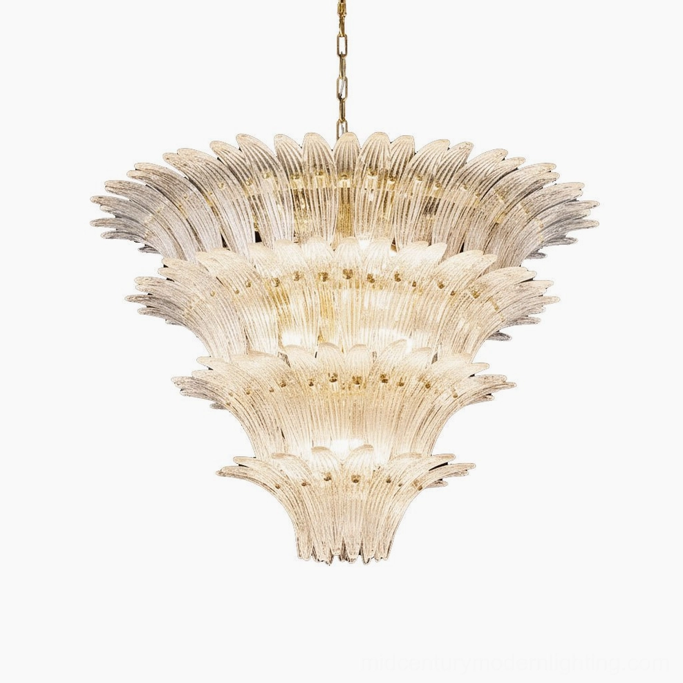 Palazzo crystal tiered chandelier in luxe gold finish with cascading fluted glass elements and warm ambient glow